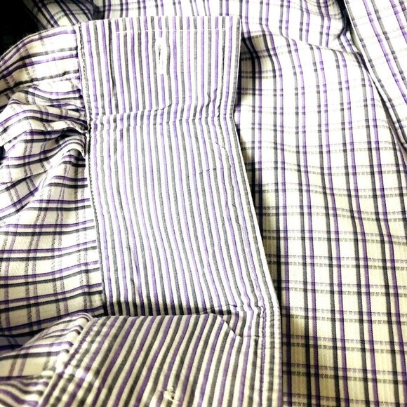 Michael Kors Button Down Plaid Shirt Men's L XL  16 32/33 Purple‎ Gray Flip Cuff - Picture 3 of 4